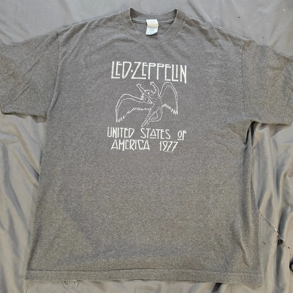Vintage 2003 Led Zeppelin 1977 US Tour Graphic T-Shirt Gray XL Alstyle Myth Gem
